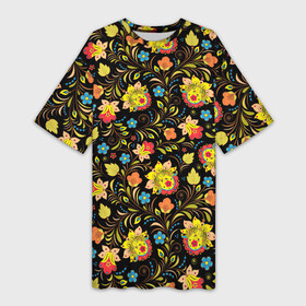 Платье-футболка 3D с принтом Мелкая хохлома в Белгороде,  |  | арт | вектор | желтый | зеленый | золотой | красный | народный рисунок | рисунок | хохлома | цветок | цветы | чёрный | ягода | ягоды