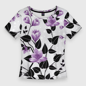 Женская футболка 3D Slim с принтом Распустившиеся фиолетовые цветы в Белгороде,  |  | арт | куст | кусты | распустившиеся цветы | рисунок | фиолетовые цветы | фиолетовый цветок | цветок | цветуший куст | цветущие кусты | цветы