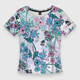 Женская футболка 3D Slim с принтом Яркие красочные цветы в Белгороде,  |  | арт | ветка дерева | ветки дерева | куст | кусты | рисунок | цветок | цветущее дерево | цветы | яркие цветы
