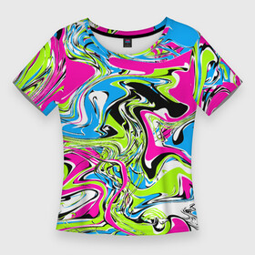 Женская футболка 3D Slim с принтом Абстрактные мраморные разводы в ярких цветах. Поп арт в Белгороде,  |  | Тематика изображения на принте: 90ые | абстрактный | белый | волны | зеленый | мрамор | неоновые цвета | поп арт | разводы | розовый | стиль 90х | черный | яркие цвета | яркий