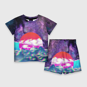 Детский костюм с шортами 3D с принтом Закат красного солнца  Импрессионизм  Горы  Neon в Белгороде,  |  | clouds | color | impressionism | mountains | sky | sun | sunset | горы | закат | импрессионизм | небо | облака | солнце | цвет
