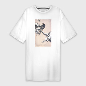 Платье-футболка хлопок с принтом Goshawk on Snow covered Pine Bough в Белгороде,  |  | japan | ohara koson | винтаж | искусство | картины | культура японии | природа | птицы | япония | японская культура | ястреб