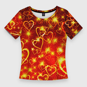 Женская футболка 3D Slim с принтом СВЕТЯЩИЕСЯ СЕРДЕЧКИ в Белгороде,  |  | день святого валентина | желтый | красный | любовь | милый | неон | светящееся сердце | светящиеся сердечки | свечение | сердечки | узор