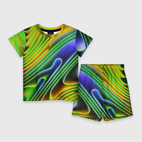 Детский костюм с шортами 3D с принтом Цветные неоновые полосы  Абстракция  Color neon pattern  Abstraction в Белгороде,  |  | abstraction | bending | color | neon | pattern | stripe | wave | абстракция | волна | изгиб | неон | полоса | цвет
