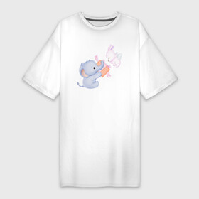 Платье-футболка хлопок с принтом Милый Слонёнок С Подарком и Крольчонок в Белгороде,  |  | animals | beast | cute | hare | rabbit | животные | заяц | звери | кролик | крольчонок | милый | слон | слонёнок