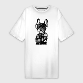 Платье-футболка хлопок с принтом Французский бульдог  Cool dude в Белгороде,  |  | bulldog | dog | dude | ears | eyes | muzzle | бульдог | глаза | очки | уши | чувак