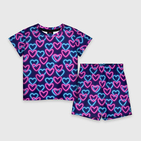 Детский костюм с шортами 3D с принтом Неоновые сердца, паттерн в Белгороде,  |  | абстракция | любовь | неон | неоновый | розовый | сердце | темный фон