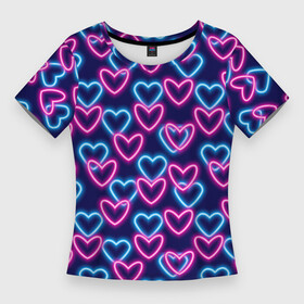 Женская футболка 3D Slim с принтом Неоновые сердца, паттерн в Белгороде,  |  | абстракция | любовь | неон | неоновый | розовый | сердце | темный фон
