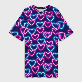 Платье-футболка 3D с принтом Неоновые сердца, паттерн в Белгороде,  |  | абстракция | любовь | неон | неоновый | розовый | сердце | темный фон