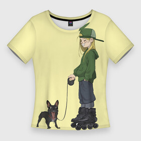 Женская футболка 3D Slim с принтом Девочка и собака улыбака в Белгороде,  |  | бульдог | девушка | мопс | ролики | роллер | смайл | собака | тинейджер | улыбка