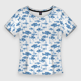 Женская футболка 3D Slim с принтом Голубые рыбки ретро принт в Белгороде,  |  | blue and white | fish | nautical | морской | пляжный узор | рыбы