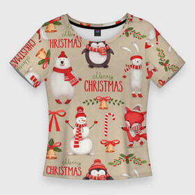 Женская футболка 3D Slim с принтом СЧАСТЛИВОГО РОЖДЕСТВА ( MERRY CHRISTMAS) в Белгороде,  |  | дед мороз | елка | заяц | зима | каникулы | лиса | медведь | олени | пингвин | праздник | праздничный | снег | цитата