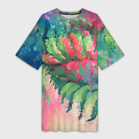 Платье-футболка 3D с принтом Тропический микс в Белгороде,  |  | colors | fern | jungle | leaves | multicoloured | palm | summer | tree | деревья | джунгли | летнее настроение | лето | листья | пальма | папоротник | радостный | разноцветный | растения | рисунок | тропики | яркий