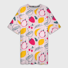 Платье-футболка 3D с принтом Fruit Pattern в Белгороде,  |  | banana | berry | fruit | lemon | pattern | бананы | драконий фрукт | клубника | лимон | паттерн | текстура | фрукты | ягоды