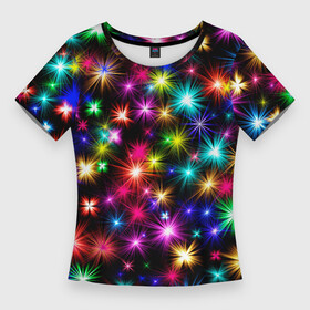 Женская футболка 3D Slim с принтом ЦВЕТНЫЕ ЗВЕЗДЫ (COLORED STARS) в Белгороде,  |  | звезды | красочные | межзвездный | разноцветный | розовый | синие | текстура | фиолетовый | цвет | цветные | черные