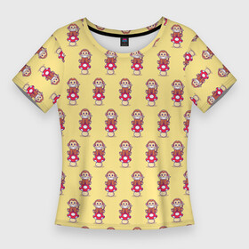 Женская футболка 3D Slim с принтом Обезьянка на грибе в Белгороде,  |  | гриб | желтый | животное | красный | милота | обезьяна | улыбка