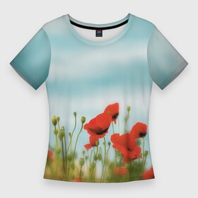 Женская футболка 3D Slim с принтом Маки  небо в Белгороде,  |  | Тематика изображения на принте: в поле | красные пятна | мак | маки | небо | небо с цветами | поле | полевые цветы | природа | с маками | с цветами | цветочный принт | цветы