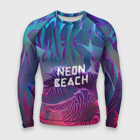 Мужской рашгард 3D с принтом Neon beach в Белгороде,  |  | Тематика изображения на принте: beach | blue | bright | colors | fern | gradient | jungle | leaves | multicoloured | neon | palm | purple | red | summer | tree | tropical | градиент | джунгли | красный | лето | неон | пальма | папоротник | пляж | радостный | разноцветный | син