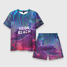 Мужской костюм с шортами 3D с принтом Neon beach в Белгороде,  |  | beach | blue | bright | colors | fern | gradient | jungle | leaves | multicoloured | neon | palm | purple | red | summer | tree | tropical | градиент | джунгли | красный | лето | неон | пальма | папоротник | пляж | радостный | разноцветный | син