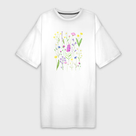 Платье-футболка хлопок с принтом Полевые цветы растения акварелью Ботаника в Белгороде,  |  | Тематика изображения на принте: акварельная иллюстрация | ботаника | ботанический | василек | иван чай | кипрей | клевер | колокольчик | лаванда | лютик | одуванчик | растения | ромашка | цветы
