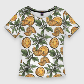 Женская футболка 3D Slim с принтом Узор из тропических апельсинов в Белгороде,  |  | drawn | fruit | frukt | frukti | frukty | hand | handdrawn | orange | pattern | summer | tropical | апельсины | вручную | лето | паттерн | рисунок от руки | фруктовый узор