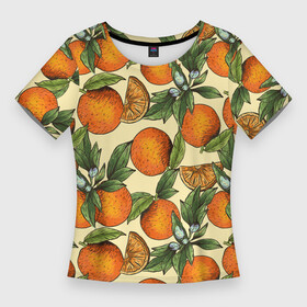 Женская футболка 3D Slim с принтом Узор Апельсиновое настроение в Белгороде,  |  | drawn | fruit | frukt | frukti | frukty | hand | handdrawn | orange | pattern | summer | tropical | апельсиновый сок | апельсины | вручную | лето | паттерн | рисунок от руки | фруктовый узор | целые апельсины