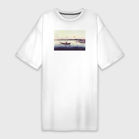 Платье-футболка хлопок с принтом Boats and Setting Sun (Лодки на закате) в Белгороде,  |  | japan | бухта | винтаж | закат | залив | корабль | природа | япония | японская культура | японская эстетика | японский | японский стиль