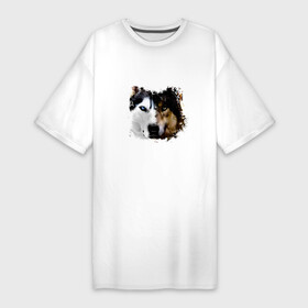 Платье-футболка хлопок с принтом Спокойно, это хаски, а не чертов волк в Белгороде,  |  | husky | аляскинский маламут | волк | голова | двуликий | животное | камчатская ездовая | пес | песель | песик | самоедская собака | сибирский хаски | собака | собачка | хаски | щенок