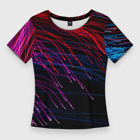 Женская футболка 3D Slim с принтом Цветные неоновые линии на чёрном фоне  Colored neon lines on a black background в Белгороде,  |  | abstraction | fashion | line | neon | pattern | абстракция | линия | мода | неон | паттерн