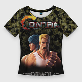 Женская футболка 3D Slim с принтом Contra gamer в Белгороде,  |  | 1988 | 8 bit | 8 бит | bill rizer | contra | dendy | konami | lance bean | nes | nintendo | player | билл райзер | денди | камуфляж | контра | ланс бин | нес | нэс