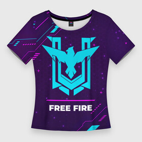 Женская футболка 3D Slim с принтом Символ Free Fire в неоновых цветах на темном фоне в Белгороде,  |  | fire | free | free fire | garena | logo | neon | гарена | игра | игры | краска | лого | логотип | неон | символ | фаер | фри