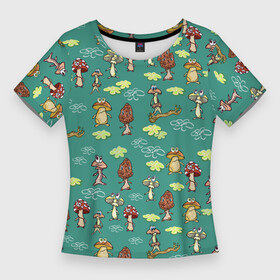 Женская футболка 3D Slim с принтом Грибные человечки. в Белгороде,  |  | грибник | грибной | грибочек | грибочки | грибы | детские рисунки | детский рисунок | для детей | забавные человечки | зеленый | изумрудный | мультфильм | прикольные человечки | человечки