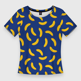 Женская футболка 3D Slim с принтом Banana style Банана стайл, веселый банановый паттерн на синем фоне в Белгороде,  |  | банан | бананы | веганы | вегетаринцы | желтый | плоский стиль | синий | текстура | тропики | фруктовый | фрукты | хаотичный