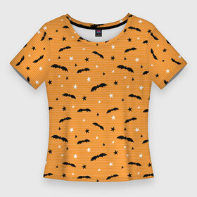 Женская футболка 3D Slim с принтом Летучие мыши, паттерн в Белгороде,  |  | Тематика изображения на принте: детский | дудл | звезды | летучие | мыши | оранжевый | паттерн | силуэт | хэллоуин | черные