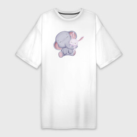 Платье-футболка хлопок с принтом Милый Слонёнок и Крольчонок Обнимаются в Белгороде,  |  | animals | beast | cute | hare | rabbit | животные | заяц | звери | кролик | крольчонок | милый | слон | слонёнок
