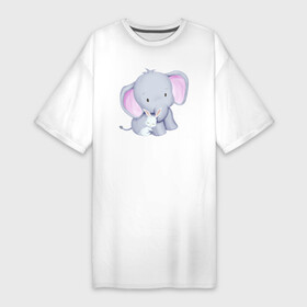 Платье-футболка хлопок с принтом Милый Крольчонок Обнимает Слонёнка в Белгороде,  |  | animals | beast | cute | hare | rabbit | животные | заяц | звери | кролик | крольчонок | милый | слон | слонёнок