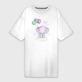 Платье-футболка хлопок с принтом Милый Слонёнок и Крольчонок На Облаке в Белгороде,  |  | animals | beast | cute | hare | rabbit | животные | заяц | звери | кролик | крольчонок | милый | слон | слонёнок