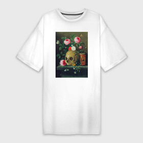 Платье-футболка хлопок с принтом Vanitas Still Life (Череп и цветы) в Белгороде,  |  | букет | винтаж | живопись | картина | классика | пейзаж | природа | роза | скелет | цветочный | цветы | череп