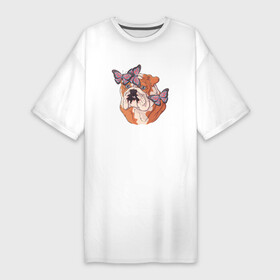 Платье-футболка хлопок с принтом Бульдог с бабочками в Белгороде,  |  | бабочки | бульдог | пес | песик | собака