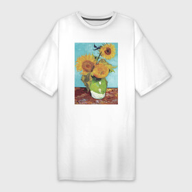 Платье-футболка хлопок с принтом Vase with Three Sunflowers (Подсолнухи) в Белгороде,  |  | букет | ваза | ван гог | винтаж | живопись | картина | классика | пейзаж | подсолнух | природа | цветы