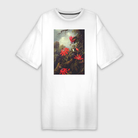 Платье-футболка хлопок с принтом Hummingbird and Passionflowers (Колибри на ветке) в Белгороде,  |  | букет | винтаж | джунгли | живопись | картина | классика | колибри | пейзаж | природа | тропики | цветы