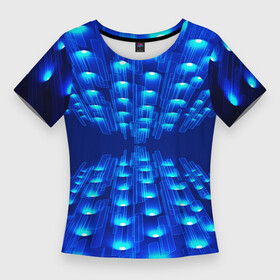 Женская футболка 3D Slim с принтом GLOWING SPOTLIGHTS в Белгороде,  |  | абстракция | блеск | блестящий | луч | освещение | освещенный | прожектор | пространство | свет | светящийся | свечение | синий | темнота | фон | черный | эффект | яркий
