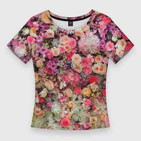 Женская футболка 3D Slim с принтом MILLION MULTICOLORED FLOWERS в Белгороде,  |  | абстрактный | гвоздики | желтый | красный | разноцветный | розы | фон