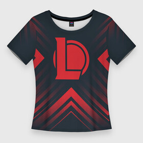 Женская футболка 3D Slim с принтом Красный Символ League of Legends на темном фоне со стрелками в Белгороде,  |  | league | league of legends | legends | logo | игра | игры | легенд | лиг оф ледженс | лига | лого | логотип | ромб | символ | соты