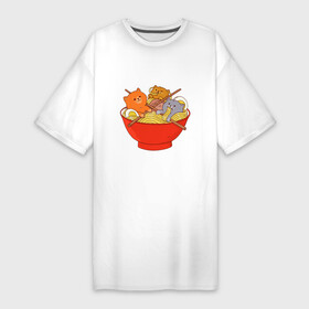 Платье-футболка хлопок с принтом THREE CATS EATING NOODLES в Белгороде,  |  | spaghetti | вкусная | домашние животные | еда | лапша | любимая | спагетти | чашка