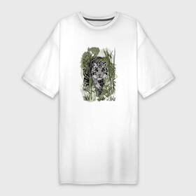 Платье-футболка хлопок с принтом Крадущийся белый тигр в Белгороде,  |  | 2022 | амурский тигр | белый | белый тигр | в кустах | джунгли | животное | китайский гороскоп | на зеленом | символ года | тигр | тропики