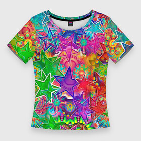 Женская футболка 3D Slim с принтом COLOR STARFALL в Белгороде,  |  | абстракция | желтый | звездопад | звезды | космос | красиво | минимализм | узор | фиолетовый | фон | цвета
