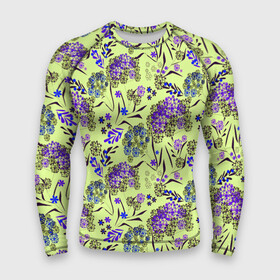 Мужской рашгард 3D с принтом Фиолетовые цветы на зеленом фоне в Белгороде,  |  | floral pattern | green | зеленый | фиолетовый | цветочный узор
