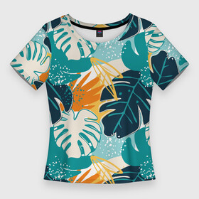 Женская футболка 3D Slim с принтом Летние зелёные тропики  Пальма  Tropical в Белгороде,  |  | palm | pattern | summer | tropical | гавайка | гавайский рисунок | курорт | летний камуфляж | летний узор | листки | листы | пальмы | паттерн | тропик | тропический рисунок | узор | узор для лета | южные тропики
