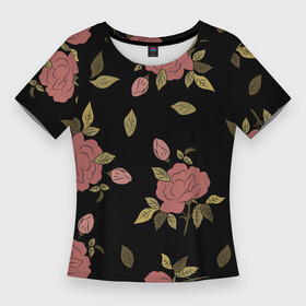 Женская футболка 3D Slim с принтом Розовые розы на темном фоне в Белгороде,  |  | flower | pink | розовый | розы | цветы